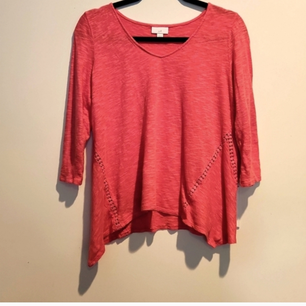 JJill Pure Jill Dipped Deco Hem A-Line CORAL Size M Cotton Knit Tunic 3/4 Sleeve